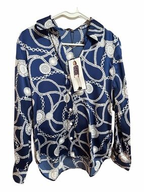 Chain-Print Navy Button-Front Blouse